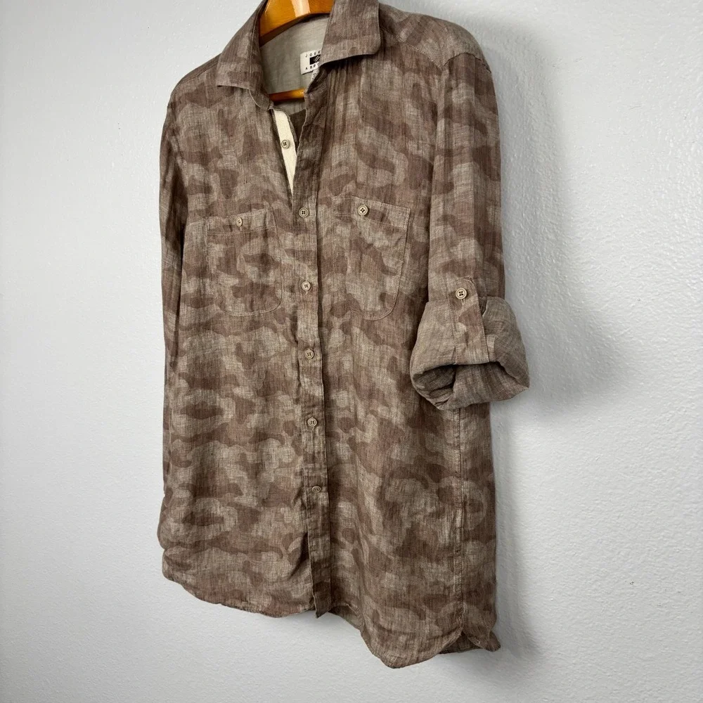 Joseph Abboud 100% Linen Camo Button Up Shirt Men's Large Brown Roll Tab Casual